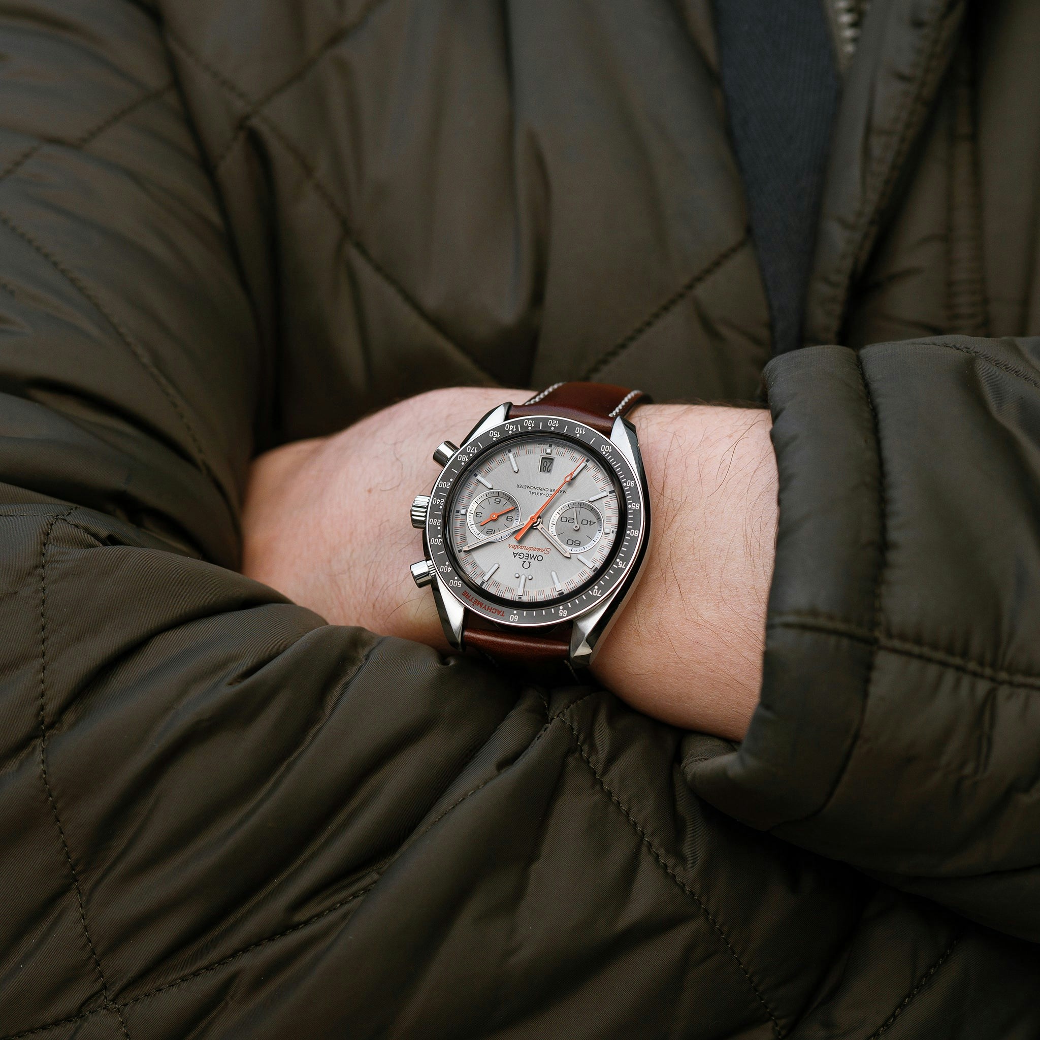 Omega Speedmaster Racing Co Axial Master Chronometer Chronograph 44 25mm Grey Dial On Strap Hodinkee Shop