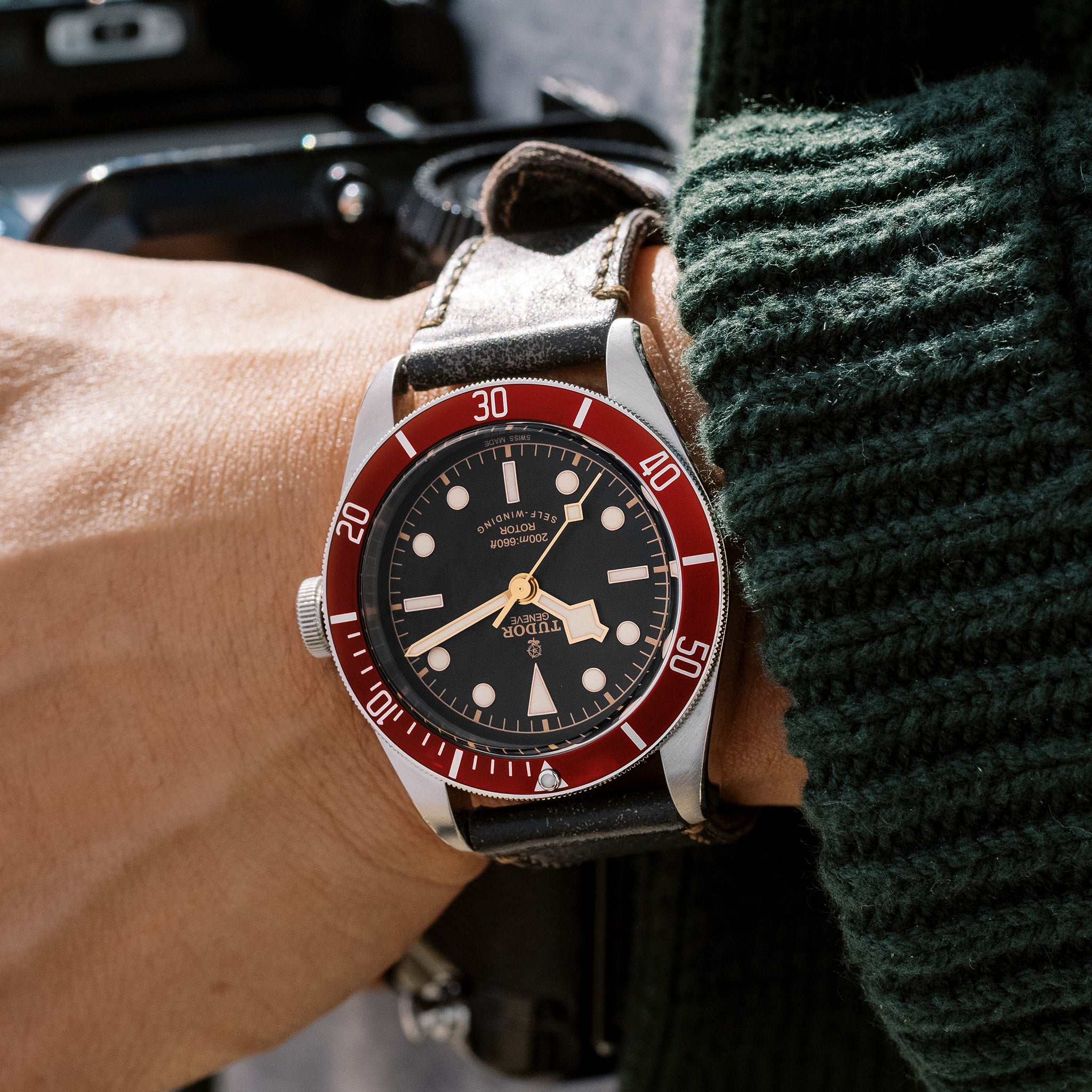 Tudor Black Bay Red On Wrist Tudor Black Bay 79220R 'Smiley'